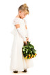 beautiful upset little girl with flowers isolated over white
