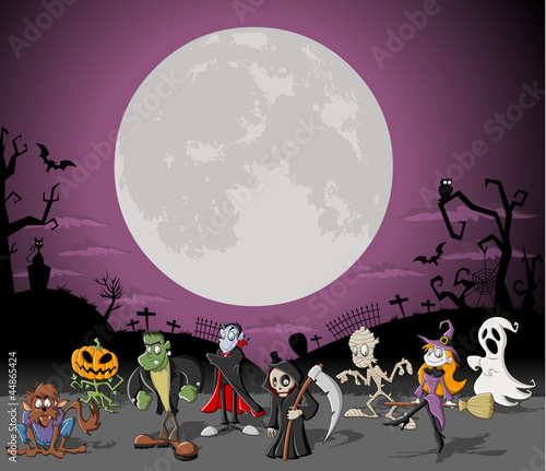 Vector: Halloween cemetery with full moon and monster characters Halloween cemetery with full moon and monster characters
