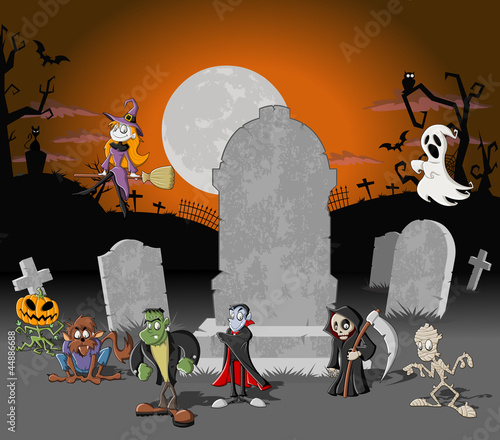 Vector: Halloween cemetery with tombs and cartoon monster characters Halloween cemetery with tombs and cartoon monster characters