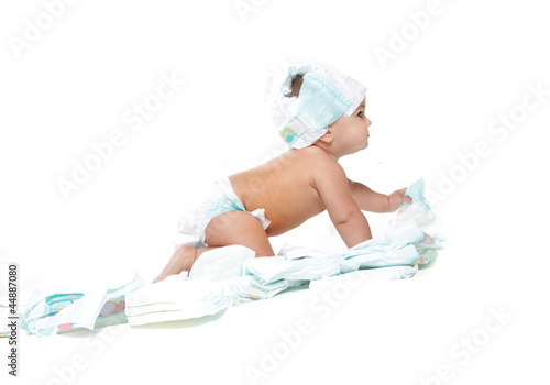 Photo: cute baby with diapers isolated over white cute baby with diapers isolated over white