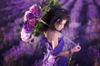 beautiful girl in a lavender field under the umbrella of color
