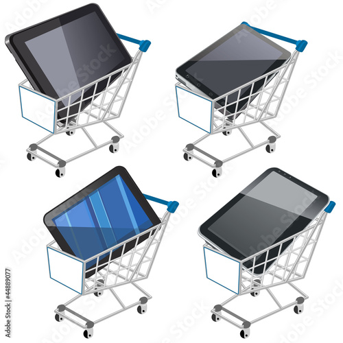 Vector: Carrito de la compra con tablets pc Carrito de la compra con tablets pc