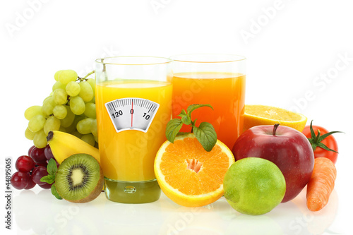 Photo: Diet and healthy eating. Fruits, vegetables and juice on white Diet and healthy eating. Fruits, vegetables and juice on white