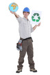 A construction worker promoting recycling for the planet.