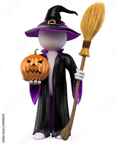 Illustration: 3D halloween white people. Witch with a pumpkin and a flying bro 3D halloween white people. Witch with a pumpkin and a flying bro
