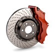Brake Disc and Red Calliper from a Racing Car isolated on white