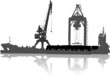 silhouette of ship in port on unloading under the crane