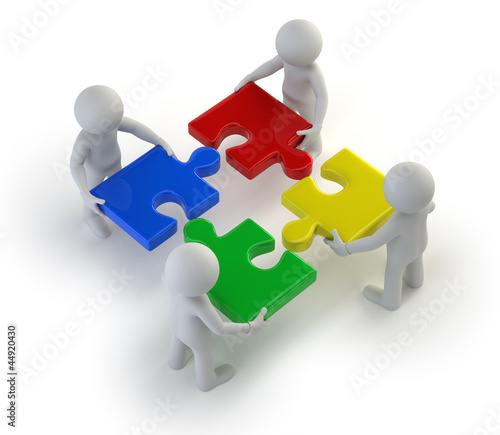 Illustration: 3d small people - team with the puzzles in hands 3d small people - team with the puzzles in hands