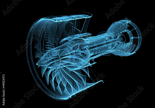 Illustration: Jet engine turbine (3D xray blue transparent) Jet engine turbine (3D xray blue transparent)