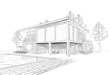 Vector sketch of modern house with swimming pool