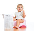funny child girl sitting on chamberpot with eyeglasses and newsp