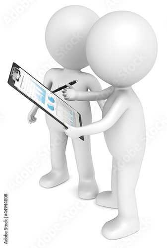 Illustration: 3D little human characters X2 looking at Pie charts and Graphs. 3D little human characters X2 looking at Pie charts and Graphs.