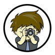 Photographer is taking a picture with SLR, isolated on circle