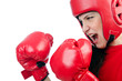 Woman boxer on white background