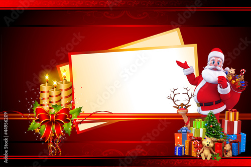 Illustration: santa clus pointing towards white cards santa clus pointing towards white cards