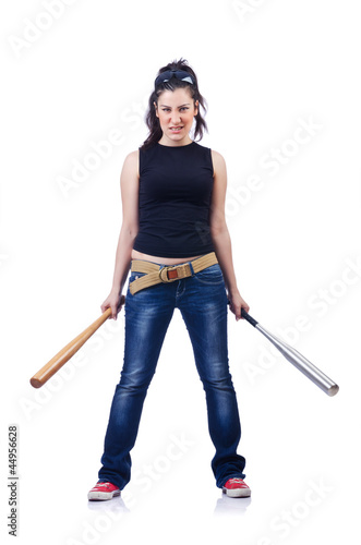 Photo: Woman criminal with bat on white Woman criminal with bat on white