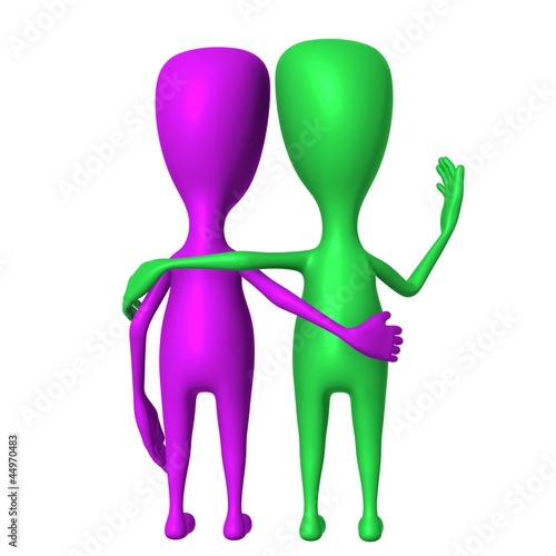 Illustration: Two 3d puppet talking keenly from behind Two 3d puppet talking keenly from behind