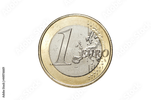 Photo: A one euro coin isolated on a white background A one euro coin isolated on a white background