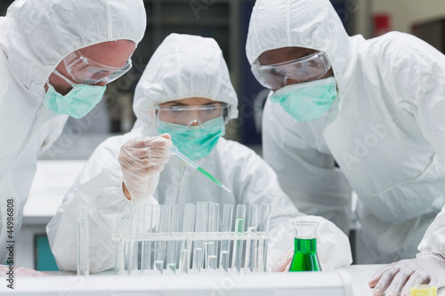 Photo: Chemist adding green liquid to test tubes with two other chemist Chemist adding green liquid to test tubes with two other chemist