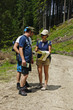 Hikers looking at map