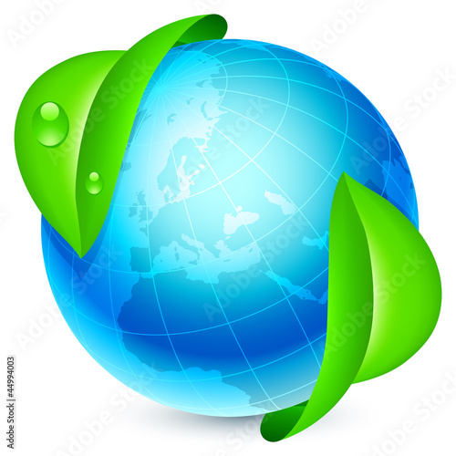 Vector: Blue globe under fresh green leaves. Blue globe under fresh green leaves.
