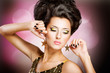 Fashion Disco girl with hairstyle and black nails