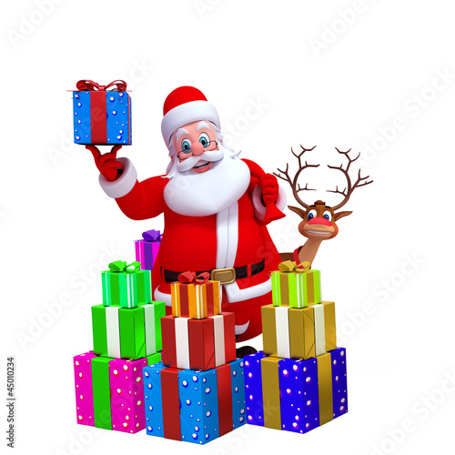 Illustration: santa carrying a gift with reindeer santa carrying a gift with reindeer