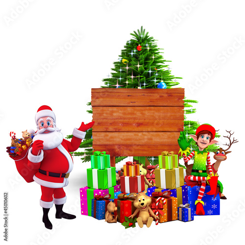 Illustration: santa with many gifts pointing towards wooden sign santa with many gifts pointing towards wooden sign