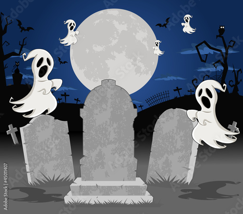 Vector: Halloween cemetery with tombs and cartoon ghost character Halloween cemetery with tombs and cartoon ghost character