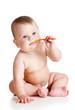 little baby brushing gums over white background