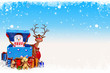 snow man is coming out of gift box with blue background