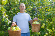 Happy man picking apples