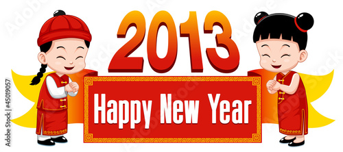Vector: Chinese Kids with Happy New Year 2013 sign Chinese Kids with Happy New Year 2013 sign