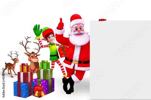 Illustration: santa claus and elves with reindeer and big sign santa claus and elves with reindeer and big sign