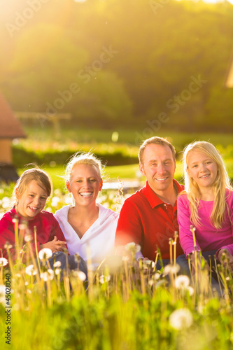 Photo: Glückliche Familie sitzt auf Sommer Wiese Glückliche Familie sitzt auf Sommer Wiese