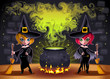 Funny witches with pot. Vector illustration.