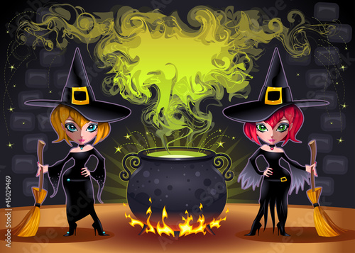 Vector: Funny witches with pot. Vector illustration. Funny witches with pot. Vector illustration.