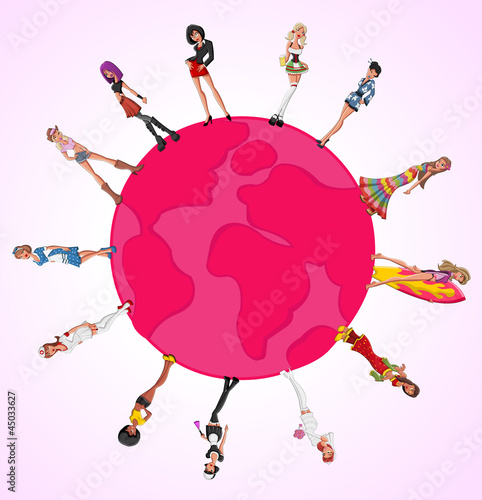 Vector: Pink template with beautiful sexy cartoon girls over earth globe Pink template with beautiful sexy cartoon girls over earth globe
