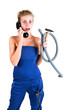 woman in overalls with tools calling for help