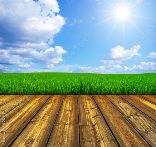 Photo: blue sky and wood floor background blue sky and wood floor background