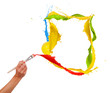 Woman hand painting splashes frame on white background