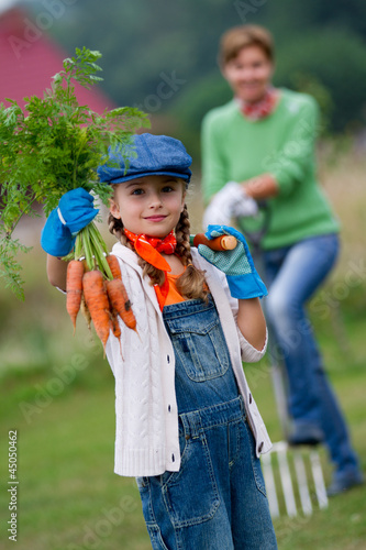 Photo: Autumn gardening - lovely girl with bunch of carrots Autumn gardening - lovely girl with bunch of carrots