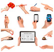 Vetor: Set of hands holding different business objects. Set of hands holding different business objects.