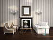 Elegant luxury striped living room with fireplace and sofa
