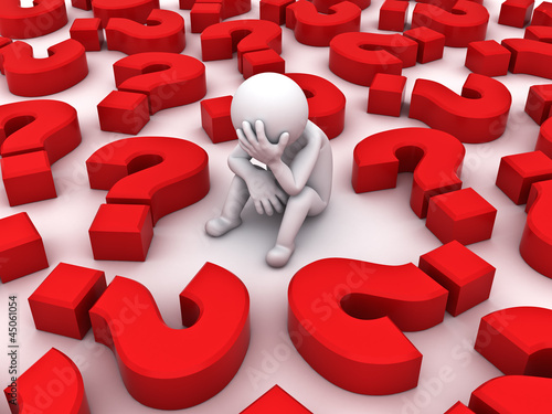 Illustration: Depressed 3d man sitting with red question marks on white Depressed 3d man sitting with red question marks on white