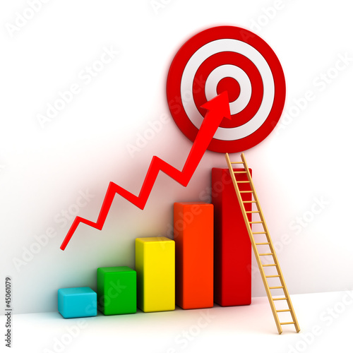 Illustration: Business graph with rising arrow to target and ladder on white Business graph with rising arrow to target and ladder on white