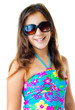 Hispanic girl wearing a swimsuit and  sunglasses