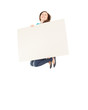 jumping young woman with blank sign, full length