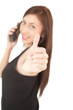 calling teen girl with thumb up, focus on foreground