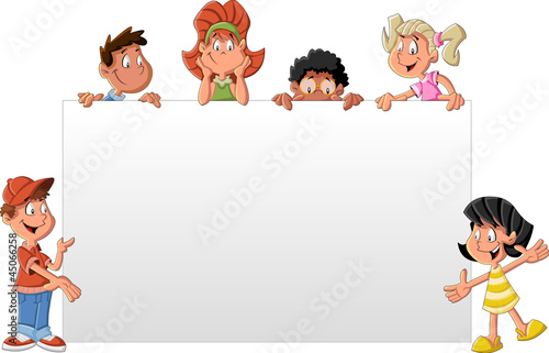 Vector: Cartoon children in front of white board Cartoon children in front of white board
